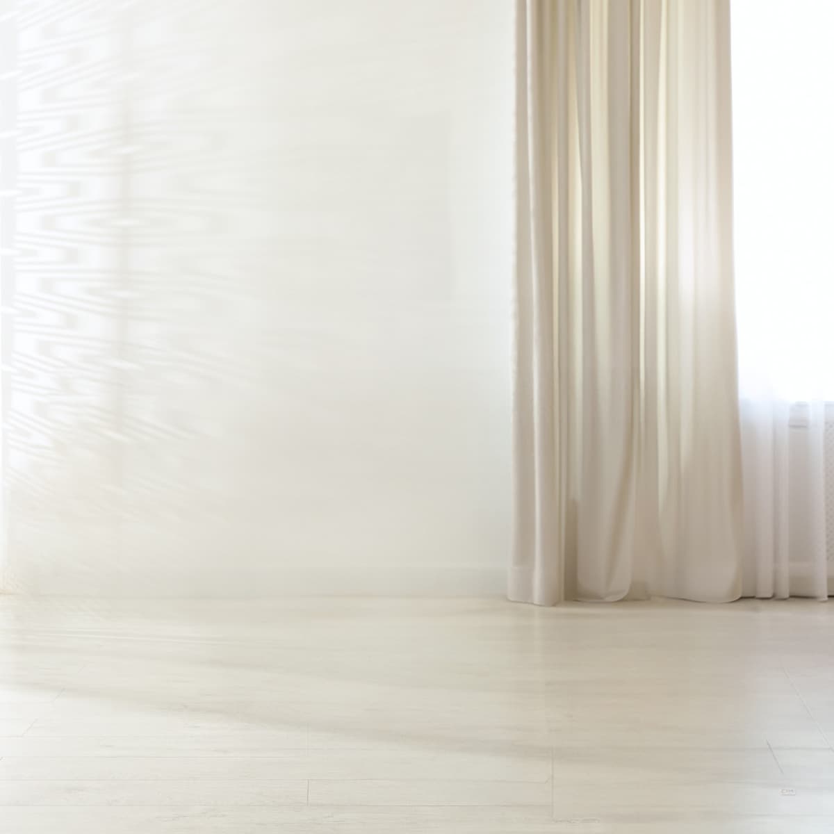 White empty spring room with beige curtain