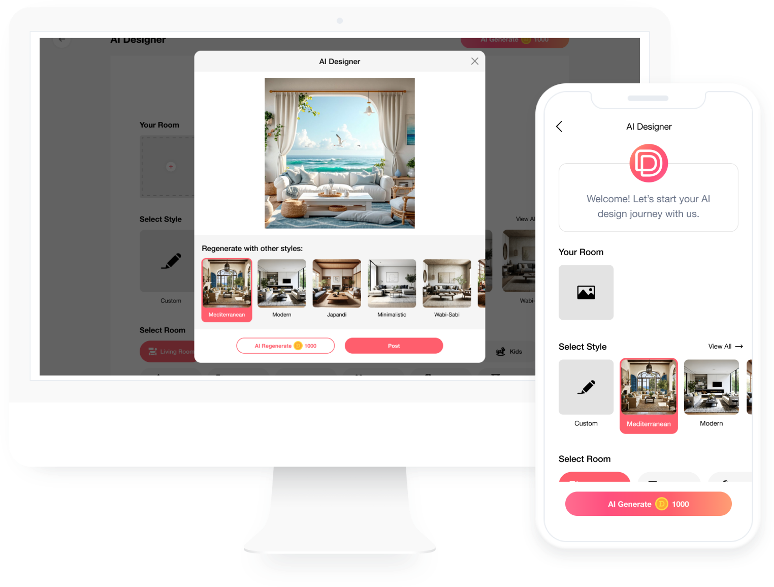 User uploading photo to AI room planner app to generate personalized room design with furniture layout