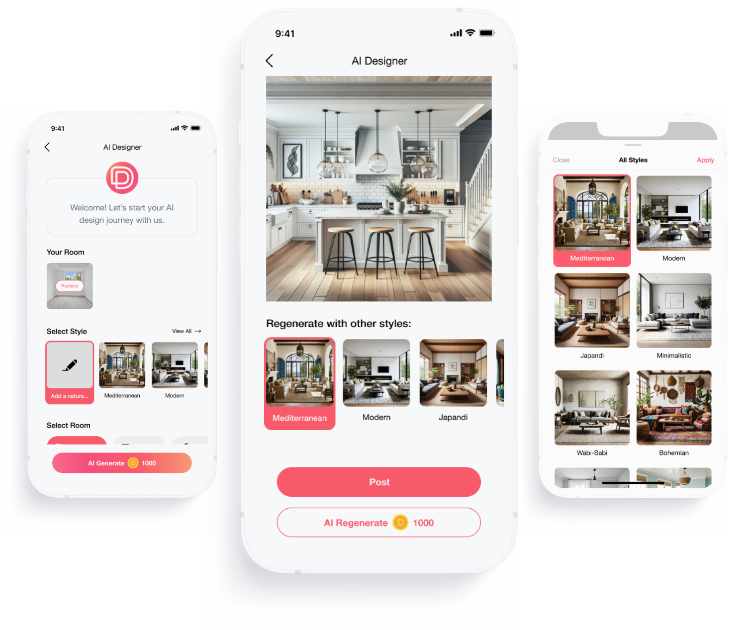 Mobile view of AI room design with real furniture previews and layout planner using AR technology