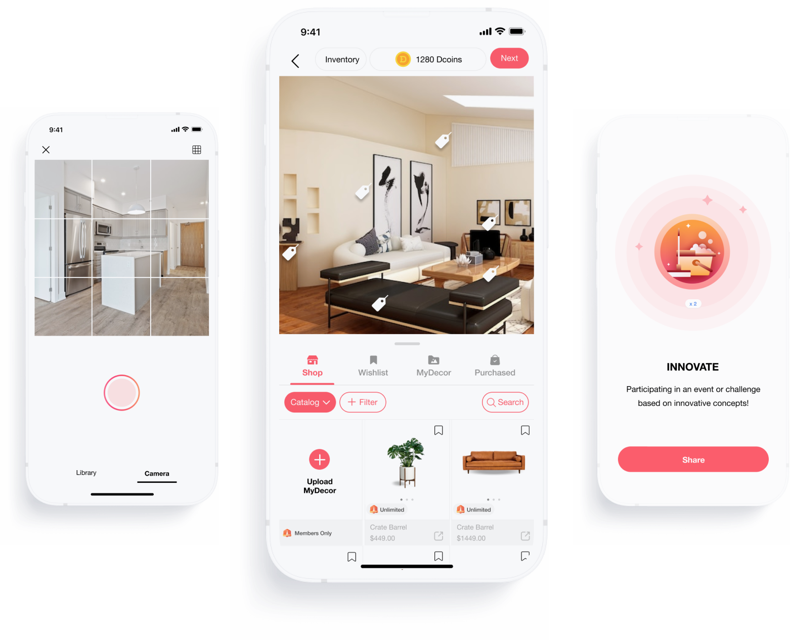 DecorMatters app interface showcasing AI interior design features, home decorating games, and shopping tools